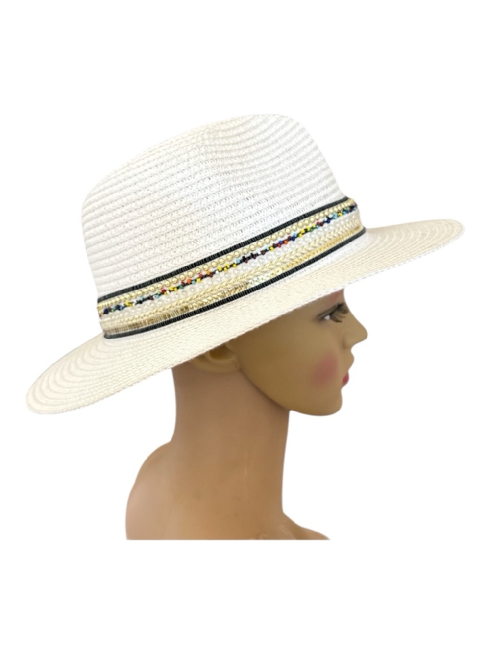 Wide Brim Fedora style Panama White Straw Hat Embellished Bead Metallic Band OS